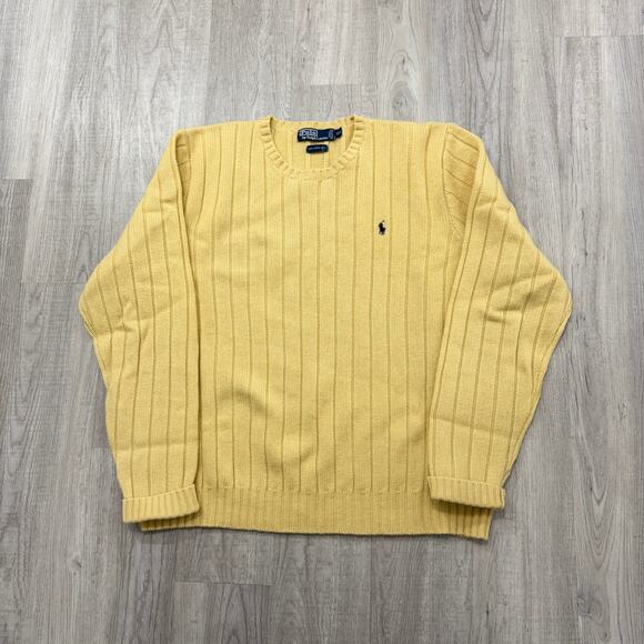 Vintage Polo Ralph Lauren Sweater Men's 2XL Yellow 100% Lambswool Crewneck 90s - Picture 1 of 7